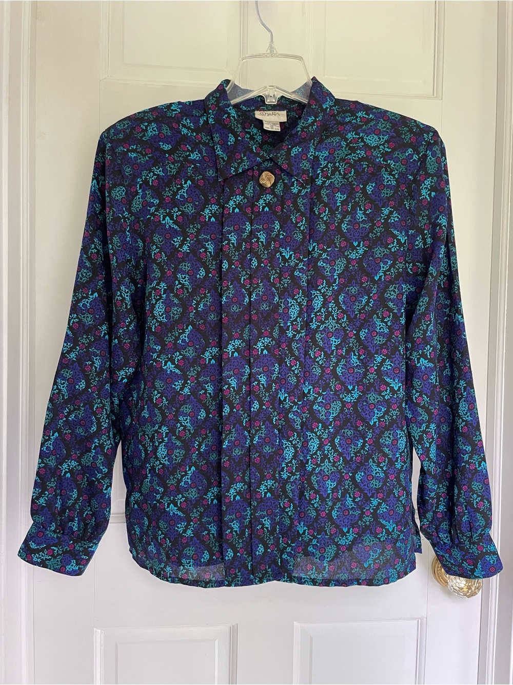 Button-Front Floral Print Blouse in Teal & Purple